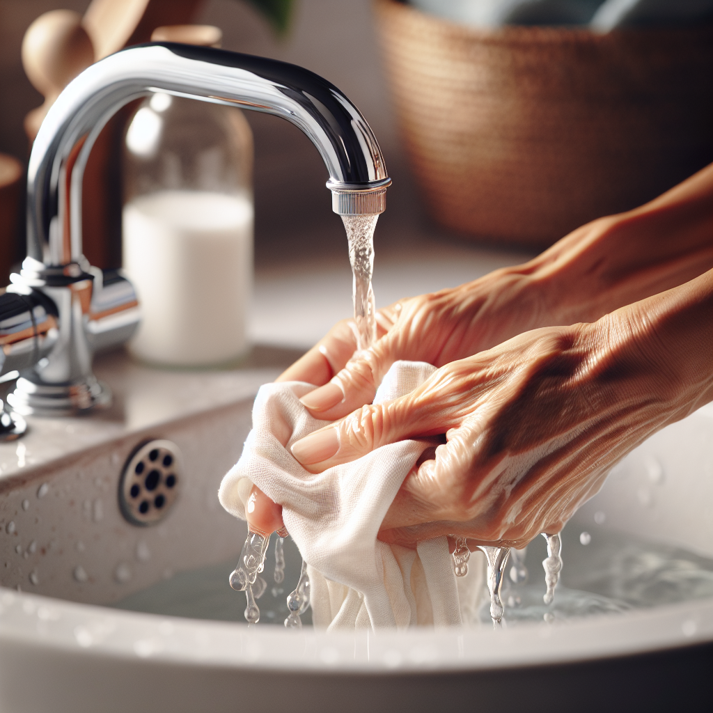 Close-up shot of hands gently holding and rinsing a piece of white cotton fabric (resembling underwear) under a stream of cold, clear water from a modern chrome tap in a clean ceramic sink. The water droplets are visible, conveying freshness. In the background, slightly out of focus, a bottle of white vinegar and a small container of baking soda are subtly placed. The image should evoke a sense of gentle care and effective cleaning, with clean lines and soft lighting.