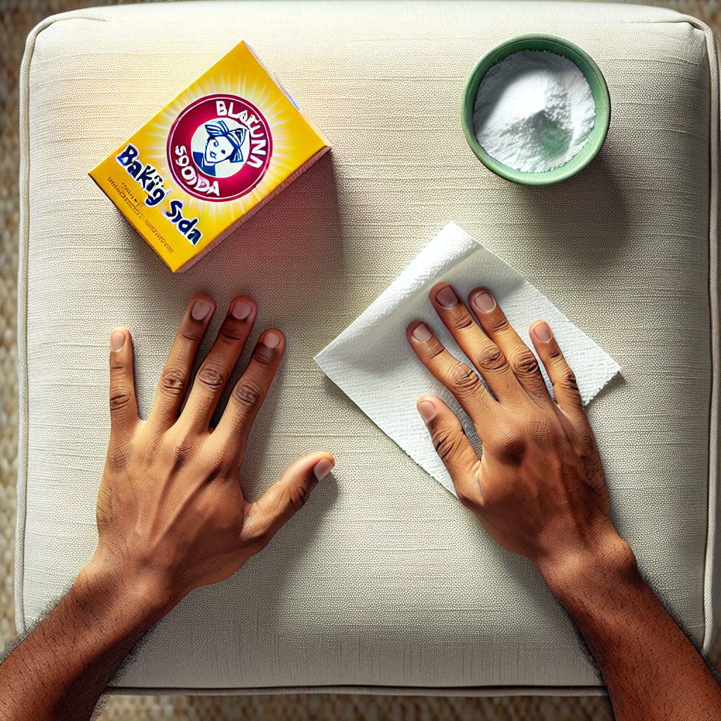 A pair of hands gently dabbing a fresh stain on a light-colored sofa or mattress with a white paper towel. A small, open box of baking soda is visible nearby. The scene is bright and clean, emphasizing a practical, effective cleaning solution. Realistic photography, top-down perspective.