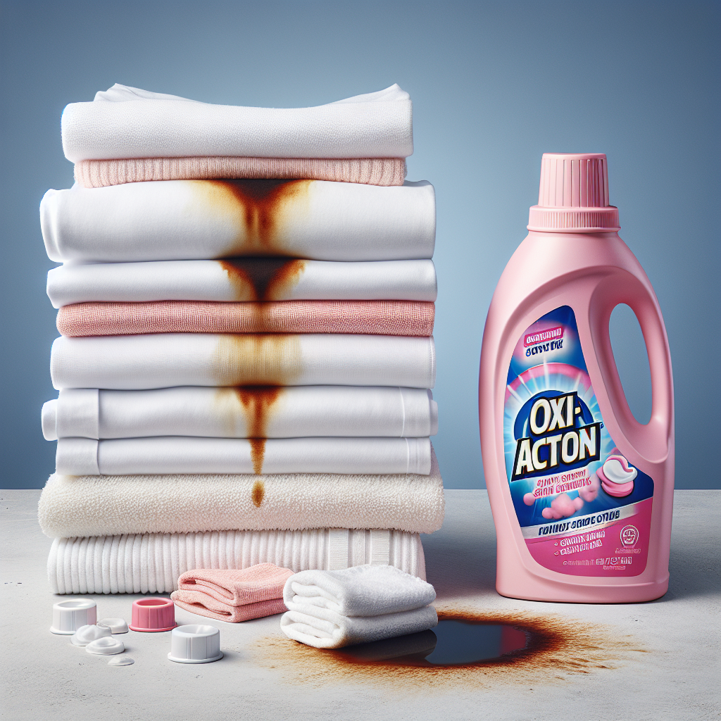 A bright, studio-quality image showcasing a neatly folded pile of various clean, white and light-colored laundry items (t-shirts, towels, socks). On top of the pile, a single, small but visible coffee stain is present on one item, contrasting with the overall cleanliness. Next to the laundry, a generic bottle of a pink-colored 'oxi-action' stain remover stands proudly. The scene exudes freshness and the promise of stain removal.