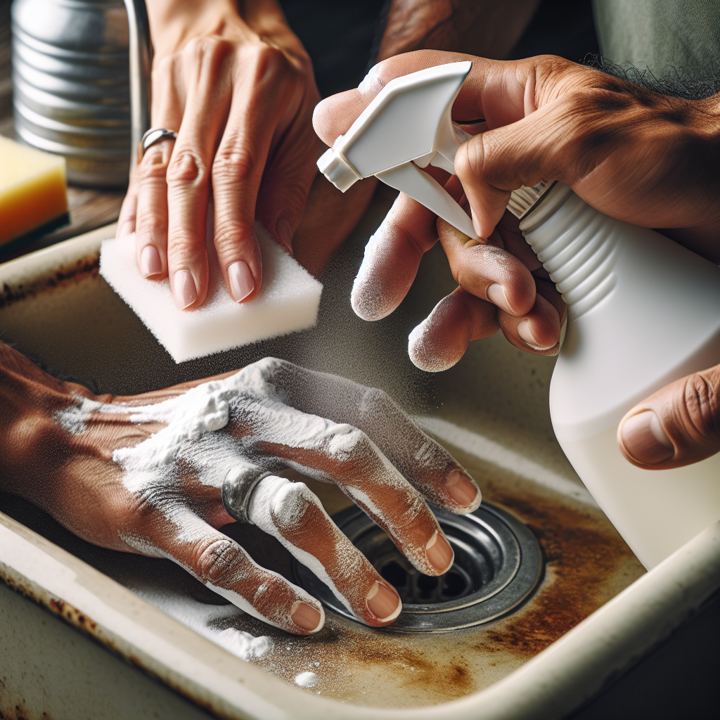 Close-up of hands gently cleaning a visibly discolored enamel kitchen sink. One hand is sprinkling white baking soda, while the other hand holds a spray bottle applying vinegar. A soft sponge is ready nearby. The scene is bright and highlights the cleaning process with natural remedies.