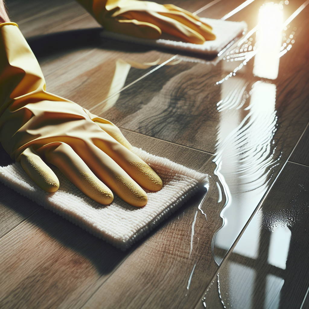 A close-up, dynamic shot of a hand wearing a soft glove, gently wiping a laminate floor with a damp, microfiber cloth. The section of the floor already wiped is visibly clean, shiny, and bright, with subtle reflections, while the immediate area just in front of the cloth shows a slight, light discolored patch, indicating the ongoing cleaning process. Natural light highlights the texture of the laminate and the cleanliness.