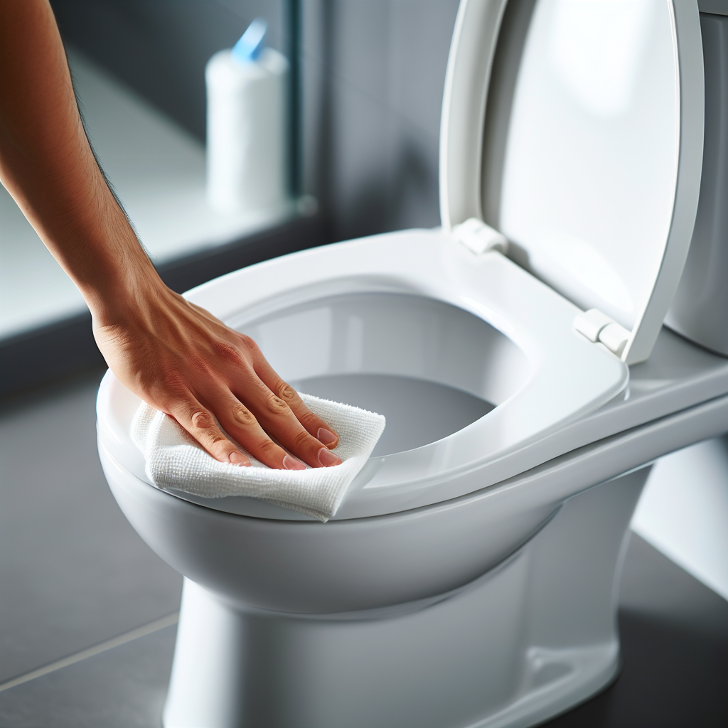 A sparkling clean and pristine white ceramic toilet bowl, immaculately free of any stains or discoloration. In the background, slightly out of focus, a hand is gently wiping the rim with a cleaning cloth or applying a cleaning product, symbolizing prevention and maintenance in a modern bathroom setting.