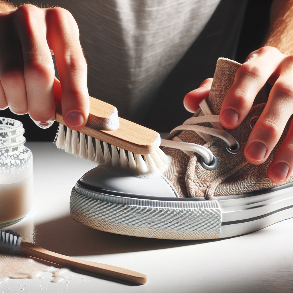 Close-up shot of hands using a small brush (like a toothbrush) to gently scrub a fabric sneaker with a homemade cleaning paste (like baking soda and water). The shoe is on a clean, simple surface. Focus on the cleaning action and the textures, bright natural light.