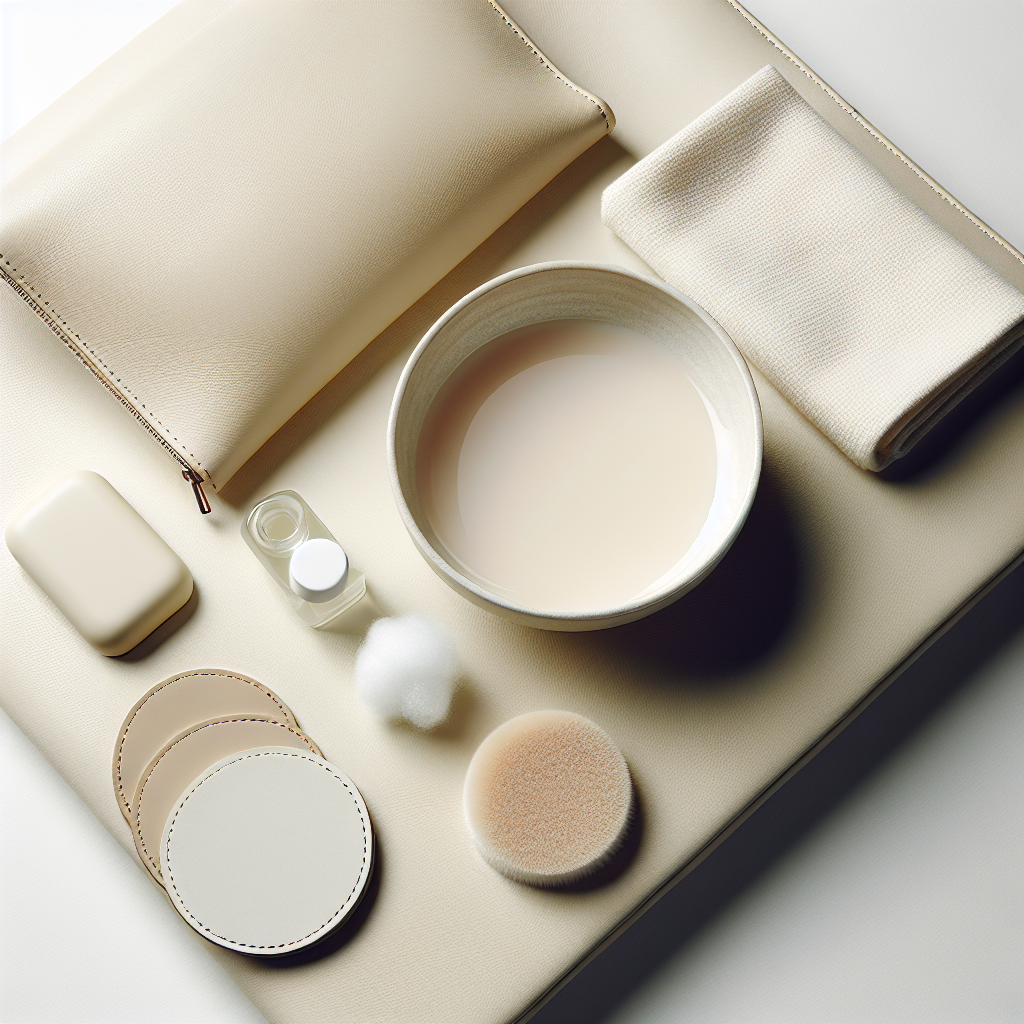A flat lay, top-down photographic composition featuring a pristine, light beige or ivory leather surface (like a section of a bag or a cushion). Arranged neatly beside it are a small white leather-cleaning eraser, a folded soft white microfiber cloth, and a small, elegant ceramic bowl containing a mild, slightly foamy soap solution. The background is clean and bright, emphasizing organization and effective care. Realistic, well-lit, studio photography style.
