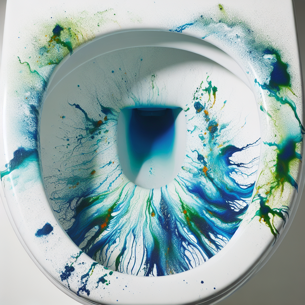 Close-up of a white toilet seat with prominent, unsightly blue and green chemical cleaner streaks and splatters. The stains are vivid against the white background, emphasizing the problem. Realistic photography, natural light.