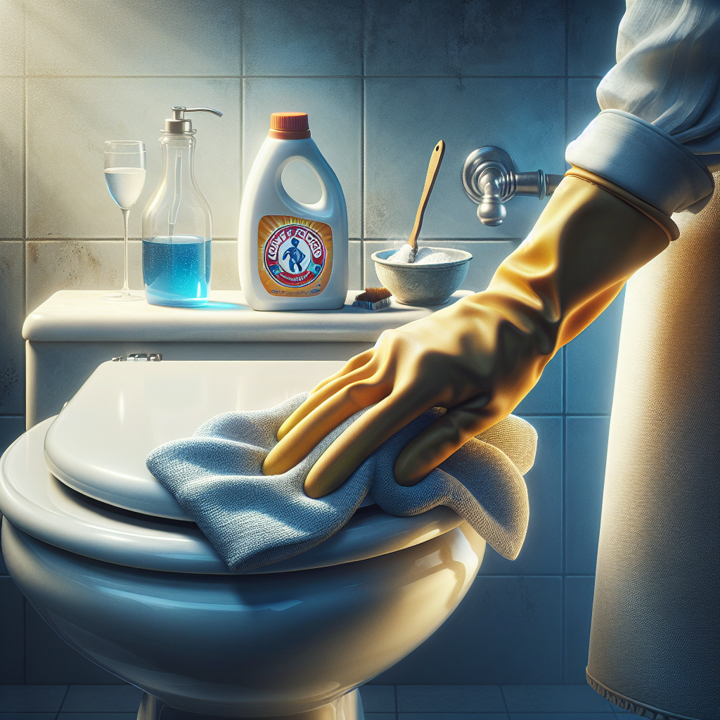 A human hand, wearing a discreet glove, gently wiping a stubborn blue stain off a clean, white toilet seat with a soft cloth. In the background, a small bowl of baking soda and a bottle of vinegar are subtly visible, suggesting a natural cleaning solution. Bright, clean, and optimistic atmosphere. Realistic photography.