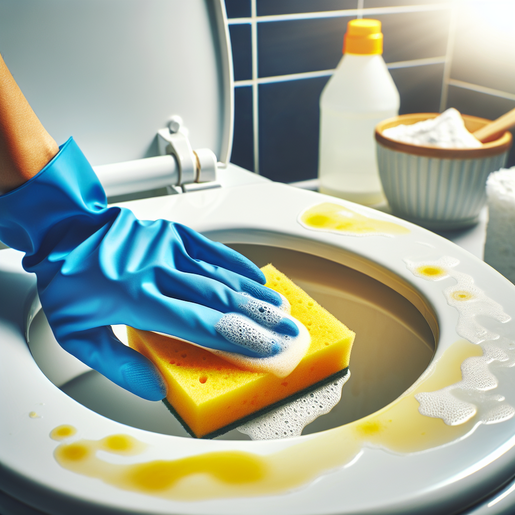 A close-up of a white toilet seat with noticeable yellow stains. A hand wearing a blue rubber glove is actively scrubbing the stains with a sponge. In the background, a small bowl of baking soda and a bottle of white vinegar are subtly visible, hinting at natural cleaning. Bright, well-lit, realistic photo.