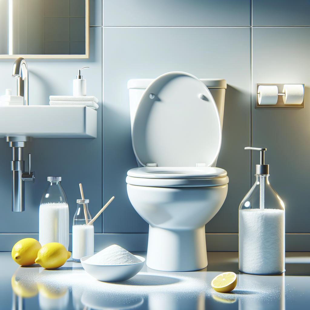 A perfectly clean, gleaming white toilet seat, spotlessly free of any yellow stains, in a bright, modern bathroom. Arranged neatly beside it are fresh lemons, a small bowl of white powder (representing baking soda or citric acid), and a bottle of white vinegar, conveying a sense of natural cleanliness and freshness. Bright, inviting, realistic photo.