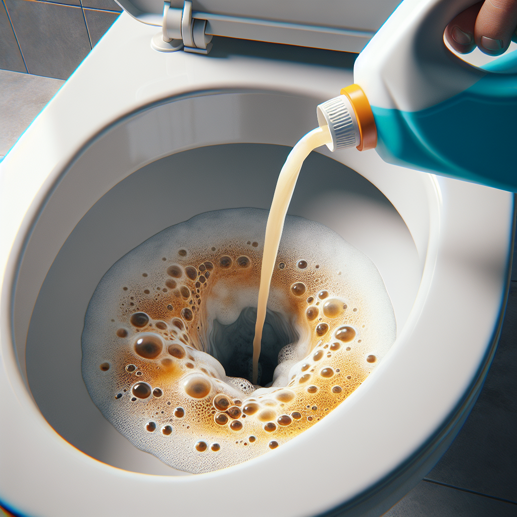 A close-up shot inside a toilet bowl, showing visible yellow and brownish limescale and urine stone stains. A cleaning solution is being poured into the bowl, creating active bubbles and foam, symbolizing the beginning of an effective cleaning process. The overall mood is one of tackling a common household problem with immediate action, in a realistic and well-lit bathroom setting.