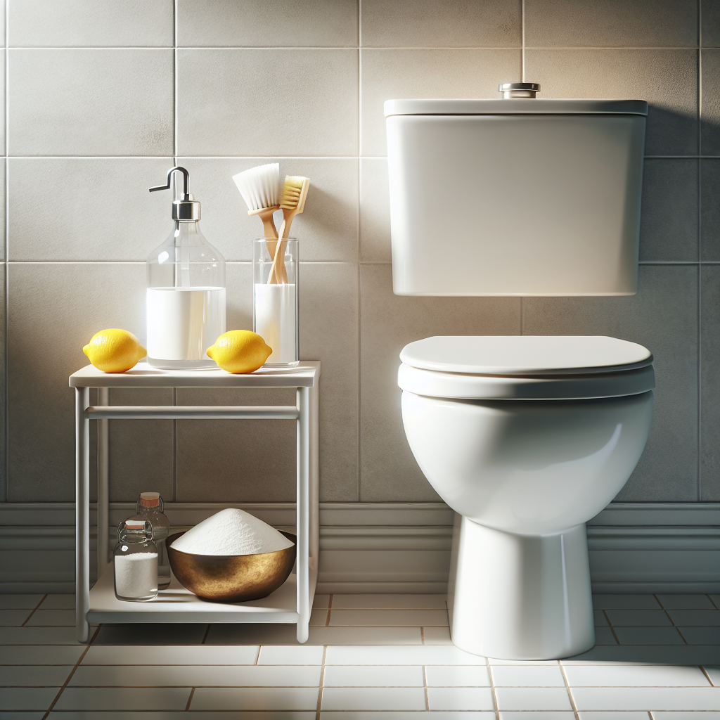 A pristine, sparkling clean white toilet bowl in a bright and minimalist bathroom. Neatly arranged on a small shelf or countertop next to it are natural cleaning ingredients: a glass bottle of white vinegar, a small bowl of baking soda powder, and a few fresh lemon halves. The scene conveys a sense of natural effectiveness and a hygienic, freshly cleaned environment with soft, inviting light.