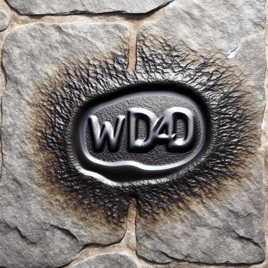 A close-up, high-detail photograph of a dark, oily WD40 stain clearly visible on a textured grey natural stone patio surface. The stone has visible pores and a slightly damp appearance around the stain. Bright, natural outdoor lighting. Focus on the contrast between the clean stone and the unsightly stain.