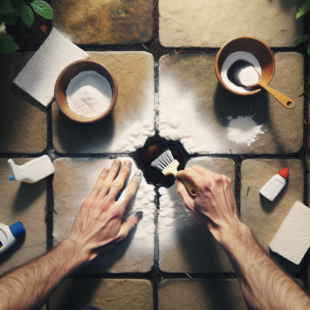 A bright, realistic overhead photograph of hands carefully applying white powder, like baking soda or natron, onto a small, dark WD40 oil stain on a light colored stone garden path. A damp sponge and a small bowl of powder are visible nearby. The focus is on the cleaning action and the household remedy.