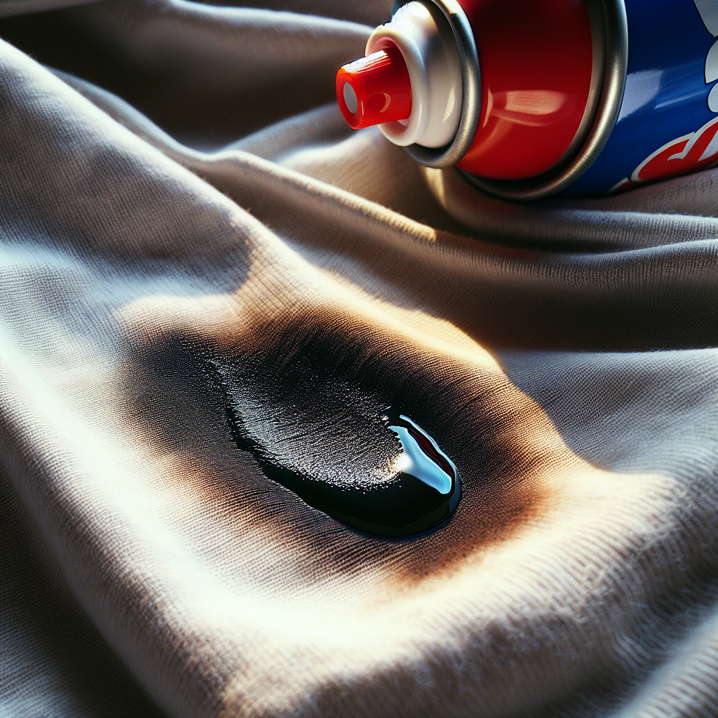 A close-up, realistic photograph of a dark, oily WD40 stain on a light-colored fabric, such as a white cotton t-shirt or light jeans. The stain is clearly visible with a greasy sheen. In the blurred background, a red and blue WD40 can is subtly visible. High detail, natural lighting, sharp focus on the stain.