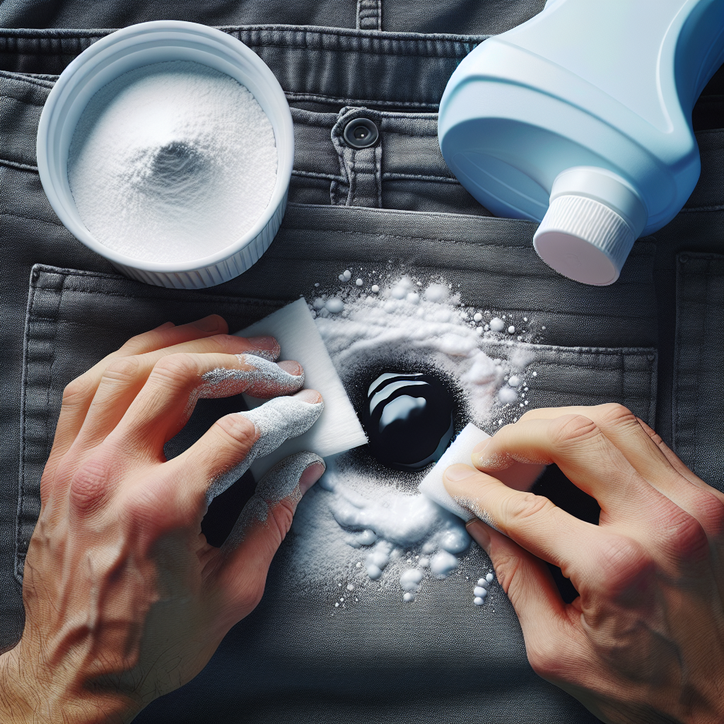 A top-down photograph showing hands carefully sprinkling a white powder, like baking soda or cornstarch, onto a dark, oily stain on a piece of clothing. A bottle of liquid dish soap is visible next to the fabric. The scene is brightly lit, clean, and emphasizes the cleaning process with everyday household items. Realistic, high-resolution.