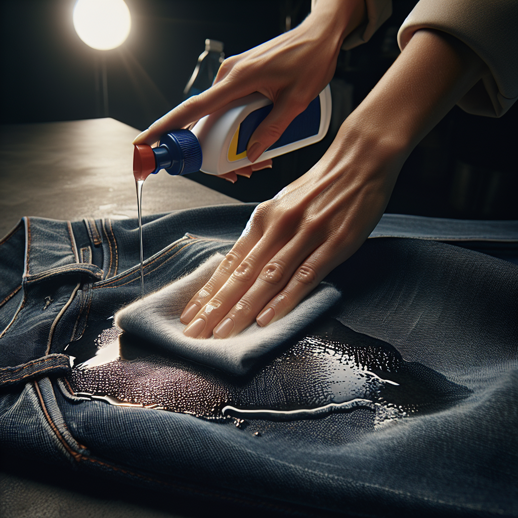 A close-up, high-detail photograph of a person's hand carefully dabbing a greasy WD40 stain on a dark blue denim fabric with a white cloth, a bottle of dish soap visible nearby. The background shows hints of a clean, modern home environment with a focus on the cleaning action. Realistic, well-lit studio shot.