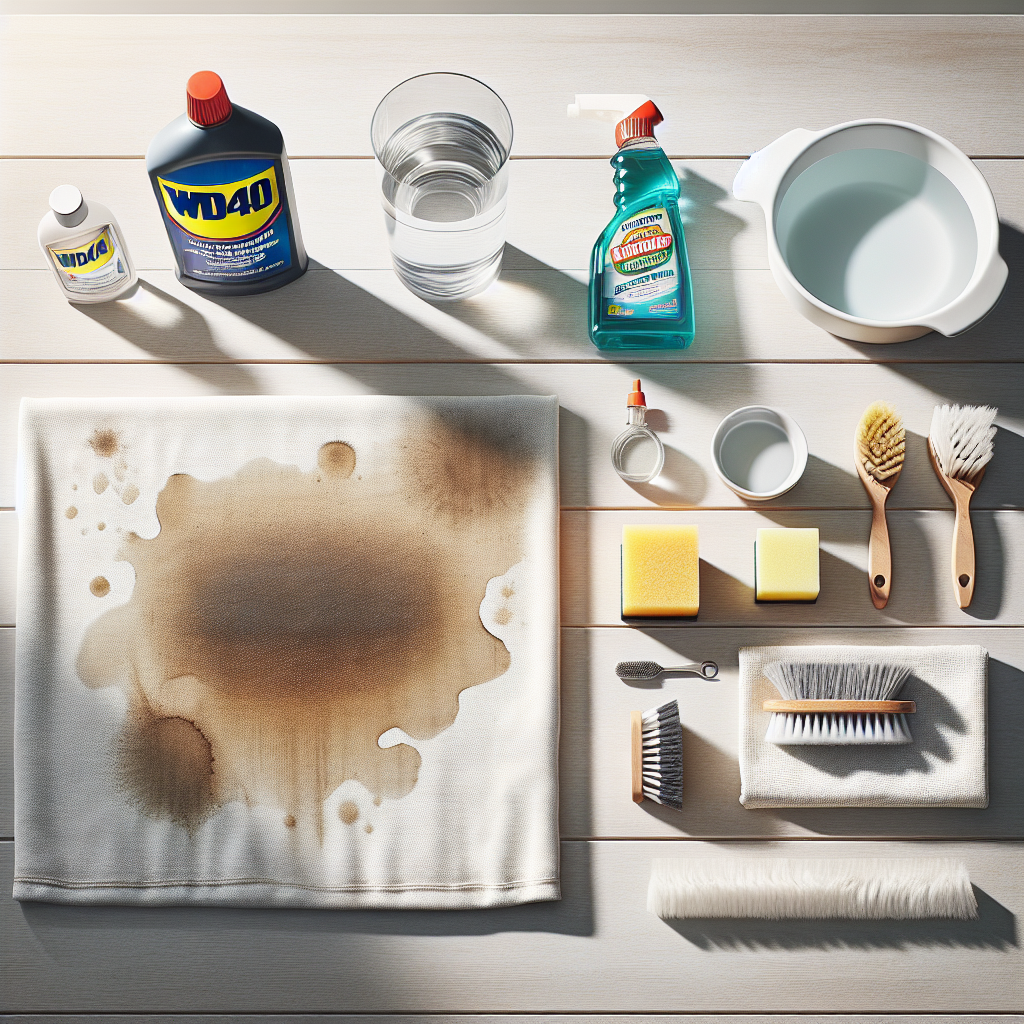A flat lay composition on a clean, light-colored wooden table. On one side, a small, visible oily WD40 stain on a white cloth. On the other side, neatly arranged cleaning supplies: a bottle of dish soap, a soft scrubbing brush, a clean microfibre cloth, and a small bowl of warm water. The lighting is bright and even, emphasizing the practicality and organization. Product photography style.