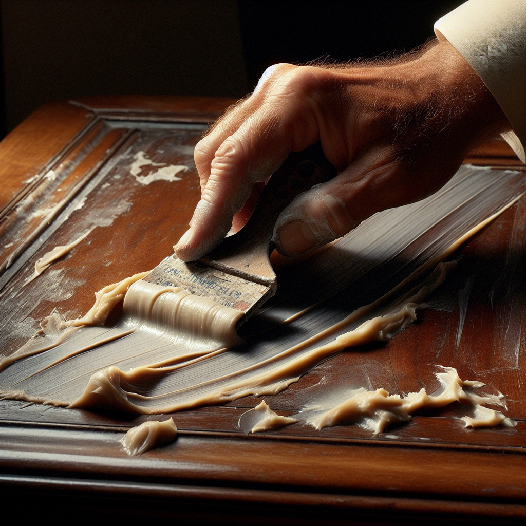 A close-up shot of a hand gently scraping a piece of hardened candle wax off a beautiful wooden table using an old credit card or plastic spatula. The wood underneath is visibly clean and undamaged. Soft, natural light from a nearby window, focus on the hands and the surface.
