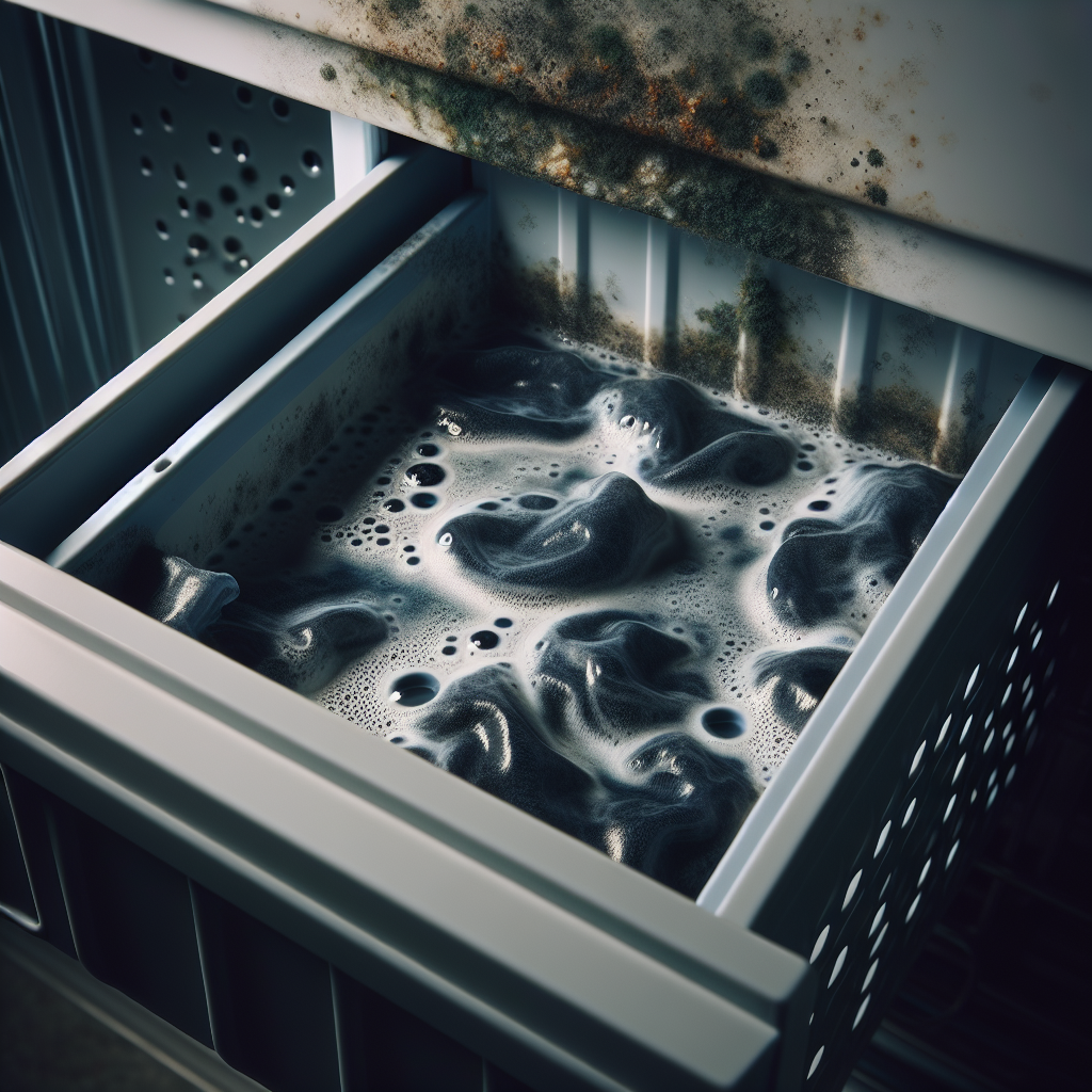 A detailed close-up shot of the open detergent drawer (Waschmittelschublade) of a washing machine, showing visible dark, sticky residue and some signs of mold around the edges. The image conveys neglect and is slightly dark, emphasizing the hidden dirt that can cause stains on clothing. Realistic photo, focus on texture and grime.