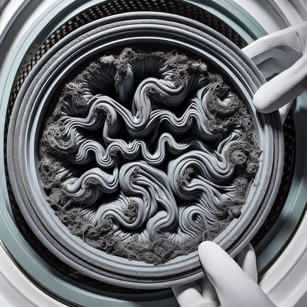 A close-up, detailed shot of the grey rubber seal (gasket) of a washing machine drum. Visible dark black mold and grime are clearly built up within its folds and crevices. A human hand, wearing a cleaning glove, is holding a microfiber cloth, poised to clean the dirty seal. Bright, practical lighting, high-resolution photography, focus on the texture and detail of the mold and the cleaning gesture.