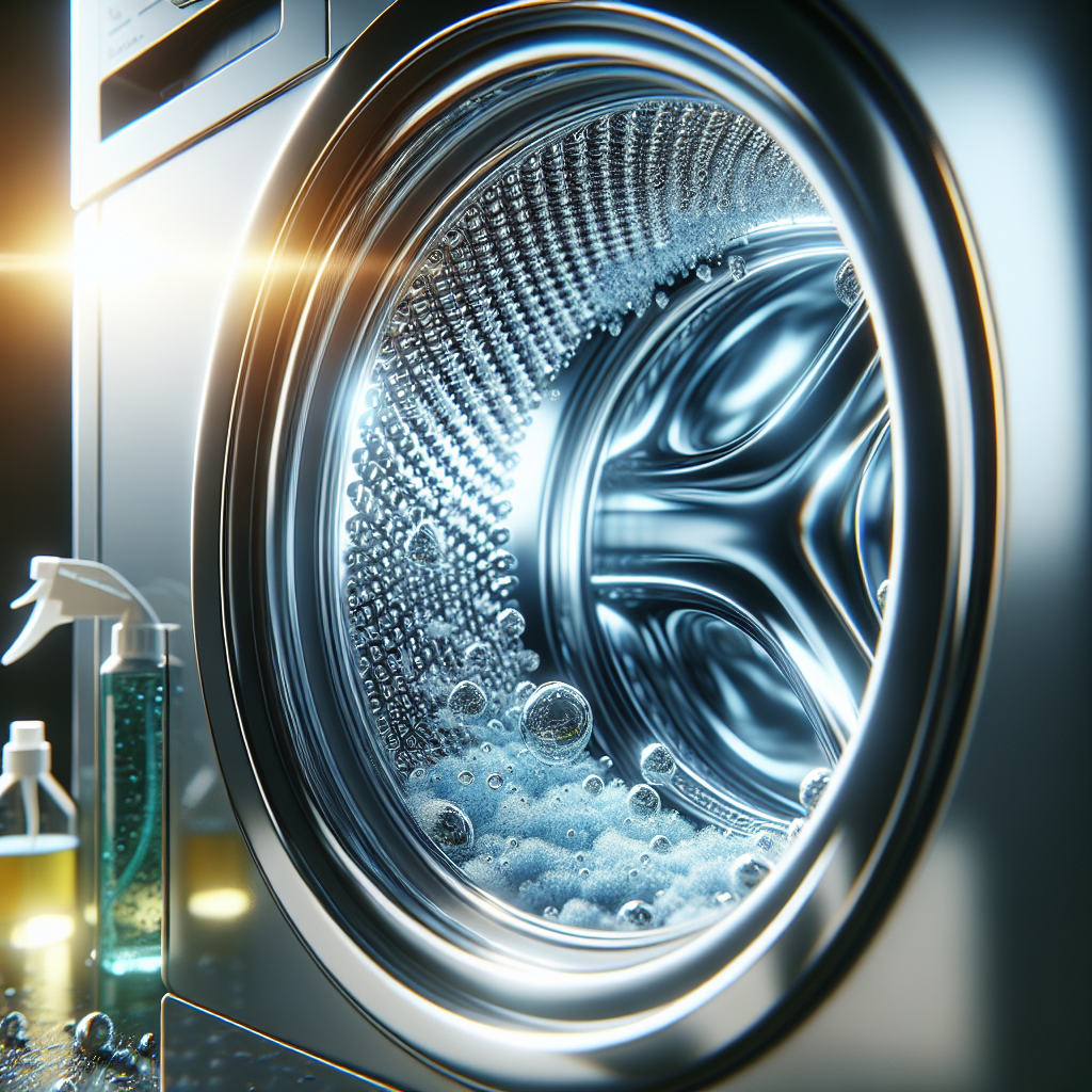 Bright, sparkling clean interior of a modern washing machine drum, with a pristine stainless steel surface and fresh water droplets. The scene conveys a sense of hygiene and freshness. In the background, subtly visible are cleaning supplies like a bottle of washing machine cleaner or a lemon/vinegar bottle. Realistic photography style, well-lit.
