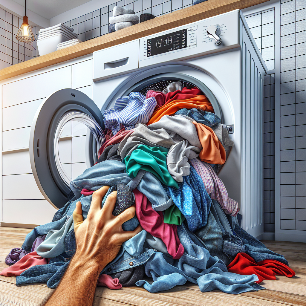 A modern washing machine drum completely overflowing with a diverse pile of colorful clothes spilling out. A person's hand is attempting to cram even more laundry into the already packed drum, illustrating the concept of an overfilled washing machine. The scene should feel relatable and slightly chaotic. Bright, clean laundry room setting. Realistic photography style.