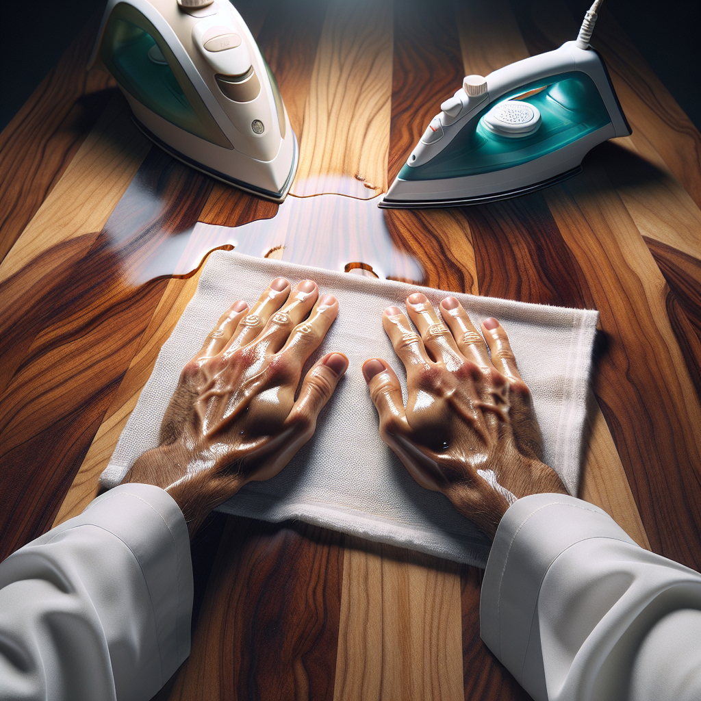 A top-down, photo-realistic shot showing a person's hands gently pressing a clean white cotton cloth onto a visible, light water stain on a wooden table. In the background, a warm iron is visible, hinting at the heat method. The scene is well-lit, focusing on the detailed wood grain and the focused action of cleaning, with the rest of the table appearing clean and restored.
