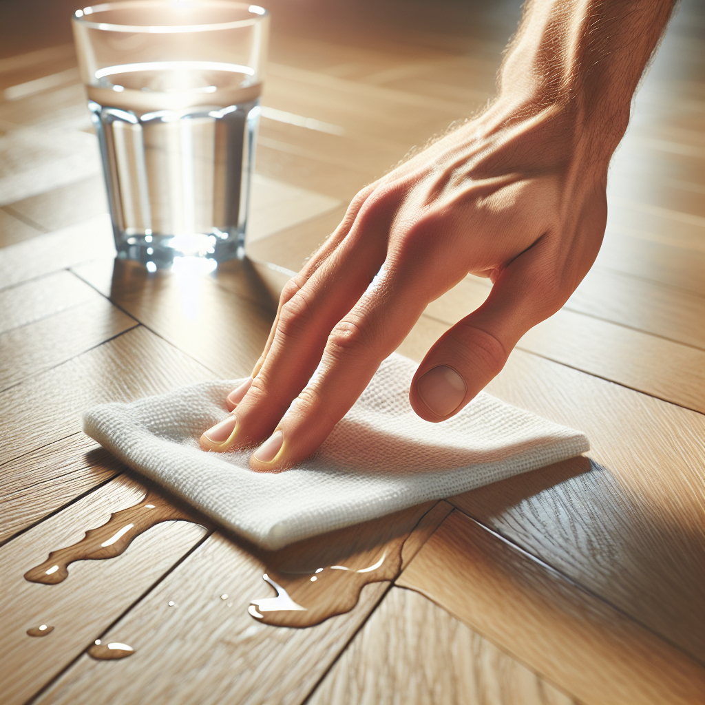 A human hand, seen from a slightly elevated angle, gently dabbing a small, fresh water spill on a clean, light-colored wooden parquet floor with a soft, absorbent white cloth. A clear glass of water is visible nearby. The scene is bright and clean, emphasizing quick action and care. Realistic, bright photography style.