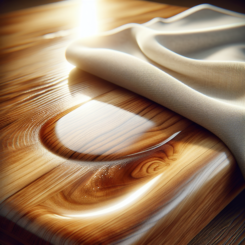 A detailed, high-resolution shot of a perfectly clean and restored section of a wooden table, gleaming with a natural polish. There are no water stains visible. A soft, clean cloth is gently resting on the smooth wood surface, under warm, inviting natural light, suggesting successful cleaning and care.
