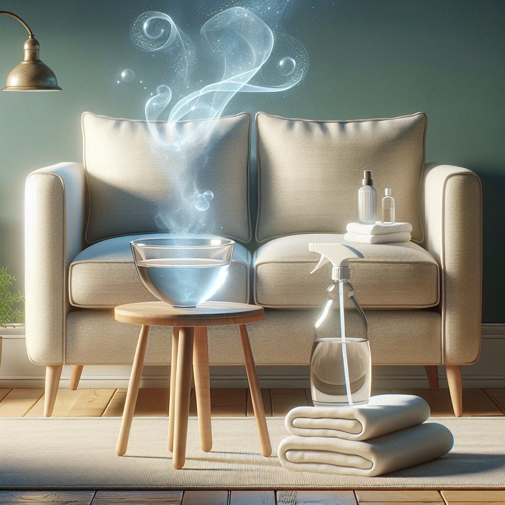 A perfectly clean, stain-free fabric sofa in a cozy living room. On a small wooden side table next to it, a small glass bowl containing a clear liquid (representing a water-vinegar solution), a clean white cloth, and a gentle spray bottle are neatly arranged. The atmosphere is bright, inviting, and conveys a sense of success. photorealistic.