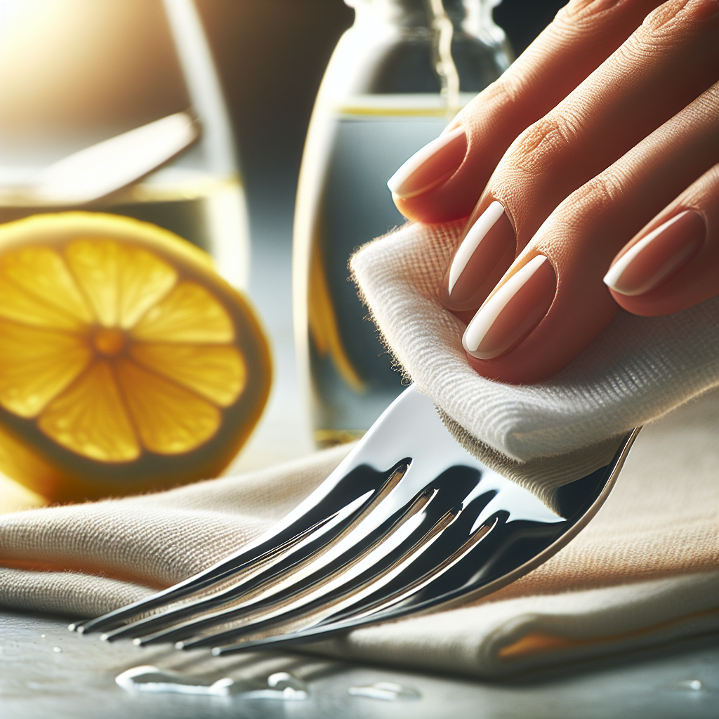 A hand gently wiping a sparkling clean stainless steel fork with a soft white cloth. In the background, a sliced lemon and a small bottle of vinegar are visible, suggesting natural cleaning. Bright, fresh, realistic photography.