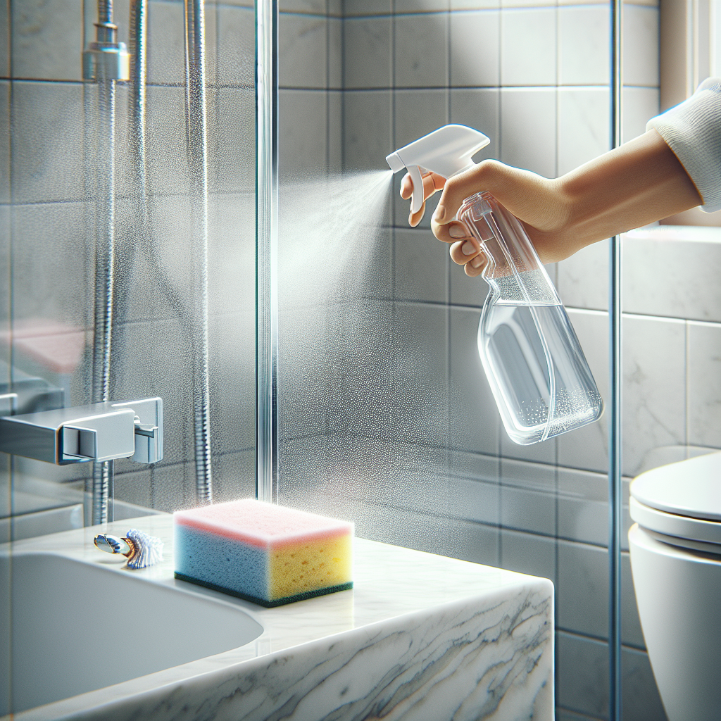 A person's hand holding a clear spray bottle, actively spraying a fine mist (suggesting a cleaning solution) onto a section of a contemporary shower glass door that has visible, light white water stains. A soft, light-colored cleaning sponge rests on the edge of the shower basin below. Bright, clean bathroom setting. Photorealistic, focus on the cleaning action.