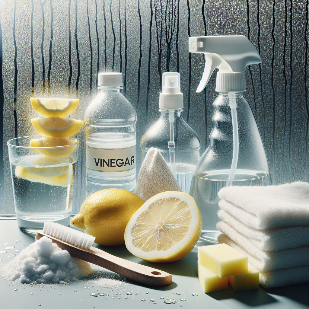 A close-up shot of a glass shower door clearly showing moderate water stains and mineral deposits. In the foreground, on a clean surface next to the shower, are simple cleaning ingredients: a bottle of white vinegar, a sliced lemon, and a small pile of baking soda, along with a clean spray bottle and a soft cloth. The lighting is bright and natural, creating a realistic and helpful scene. Studio photography style.