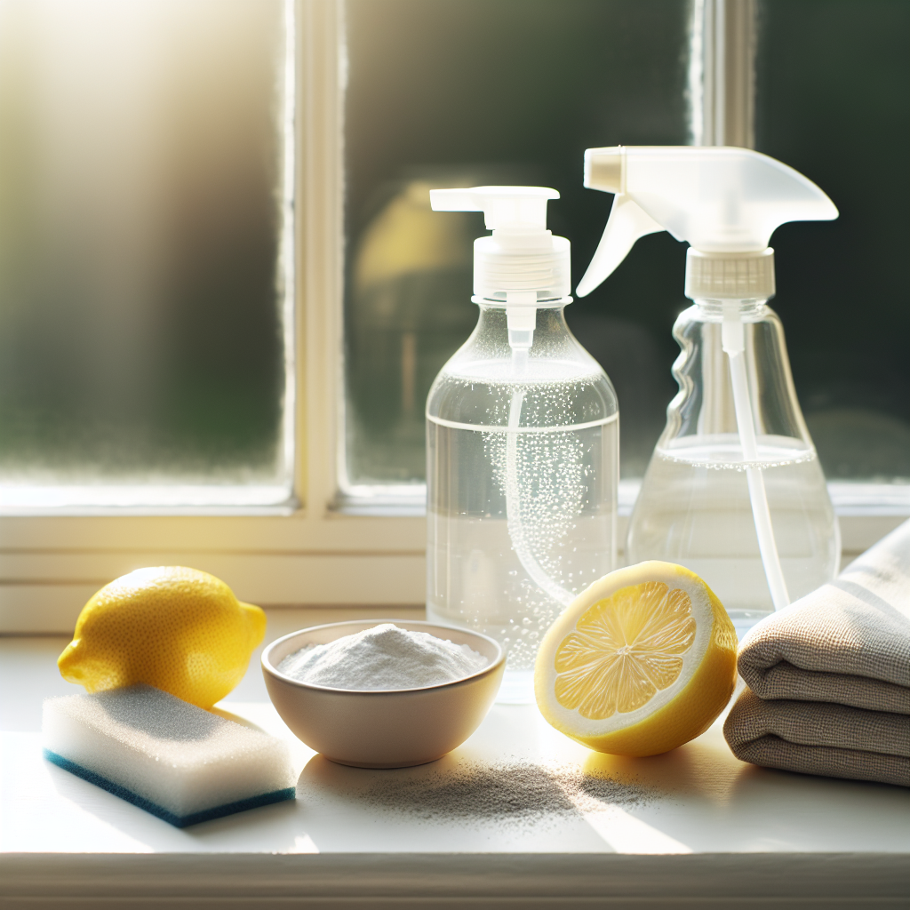 Close-up of natural cleaning ingredients for windows: a clear glass spray bottle filled with a vinegar-water solution, a fresh lemon cut in half, a small bowl of baking soda powder, and a clean microfiber cloth, all arranged neatly on a windowsill with a sunlit, slightly blurred window in the background, conveying effective home remedies.