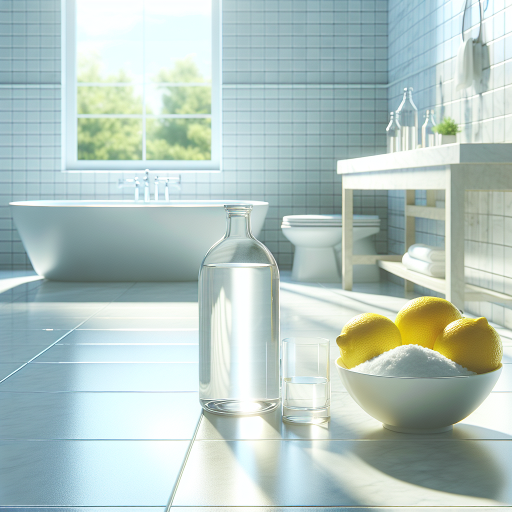 Bright and clean bathroom interior scene, focusing on pristine, light-colored tiles on the floor and wall that reflect light beautifully. In the foreground, neatly arranged on a sparkling counter, are a clear glass bottle of white vinegar, a few fresh yellow lemons, and a small bowl of white baking soda, subtly indicating natural cleaning remedies. The atmosphere is fresh, inviting, and spotless.