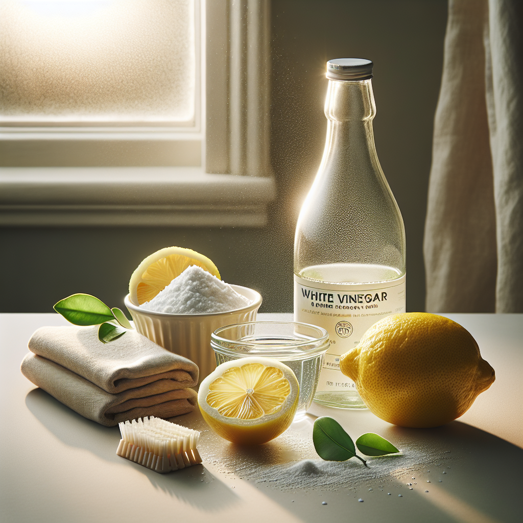 An inviting still life composition featuring common household remedies for cleaning: a bottle of white vinegar, a fresh lemon cut in half, and a small bowl of baking soda. These items are neatly arranged on a clean countertop, with a soft cleaning cloth nearby. In the subtly blurred background, a lightly water-stained glass object, like a window pane or a glass table, hints at the problem being addressed. Bright, warm lighting. Photography style.