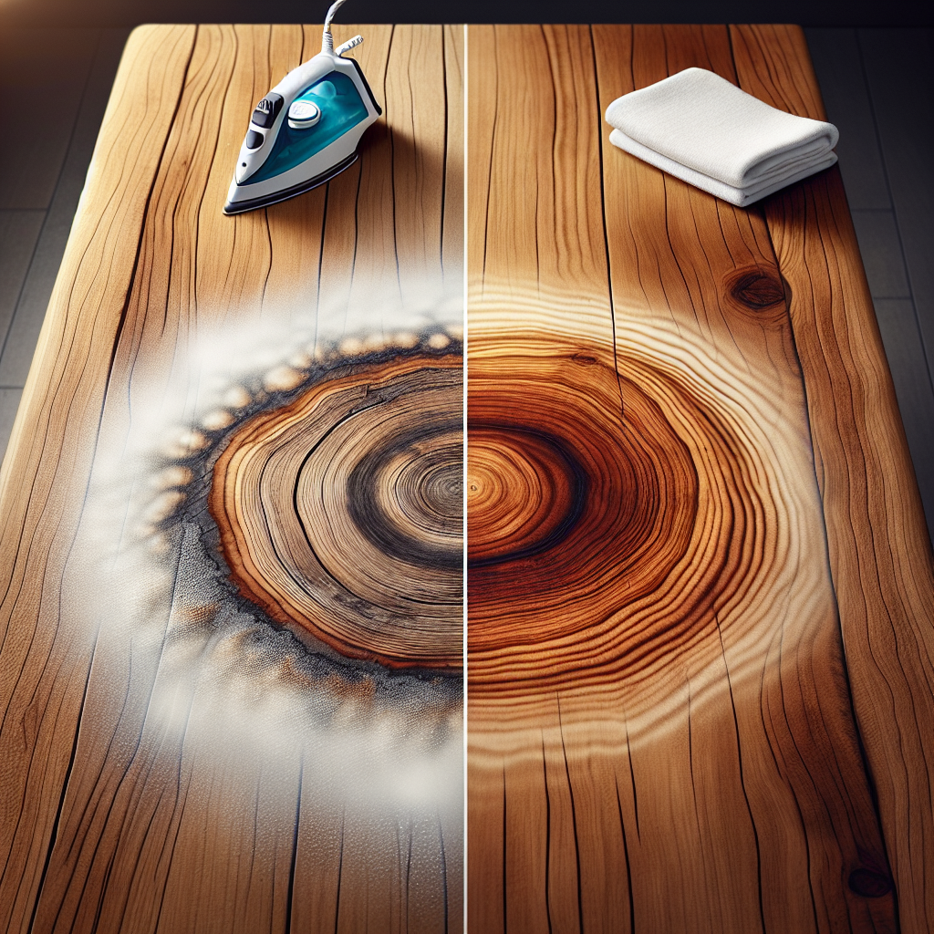 A visually compelling split image showcasing a 'before and after' scenario for a wooden surface. On the left, a section of a wooden table clearly displays a distinct white water ring stain. On the right, the same section of the table is perfectly clean and restored, with no sign of the stain. In the background, a warm iron and a folded white cloth are subtly visible, hinting at the solution. High-quality, bright, and realistic.