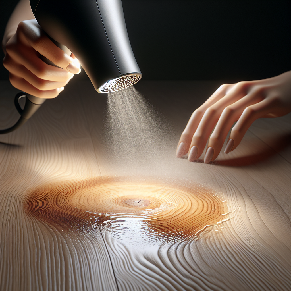 A person's hands holding a hairdryer, gently directing warm air onto a visible white water stain on a light wooden countertop. Subtle heat effect visible, focus on the action and wood texture. Realistic photo, natural lighting.