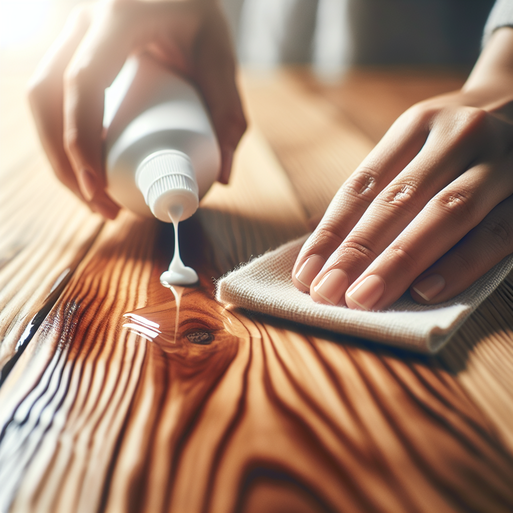 A detailed, close-up shot of hands gently rubbing a small dab of white toothpaste onto a light water stain on a wooden tabletop with a soft, clean cloth. The wood grain is clearly visible, and the light reflects softly, highlighting the cleaning process. The background is slightly blurred to keep focus on the action. Realistic and clean photography style, bright natural light.
