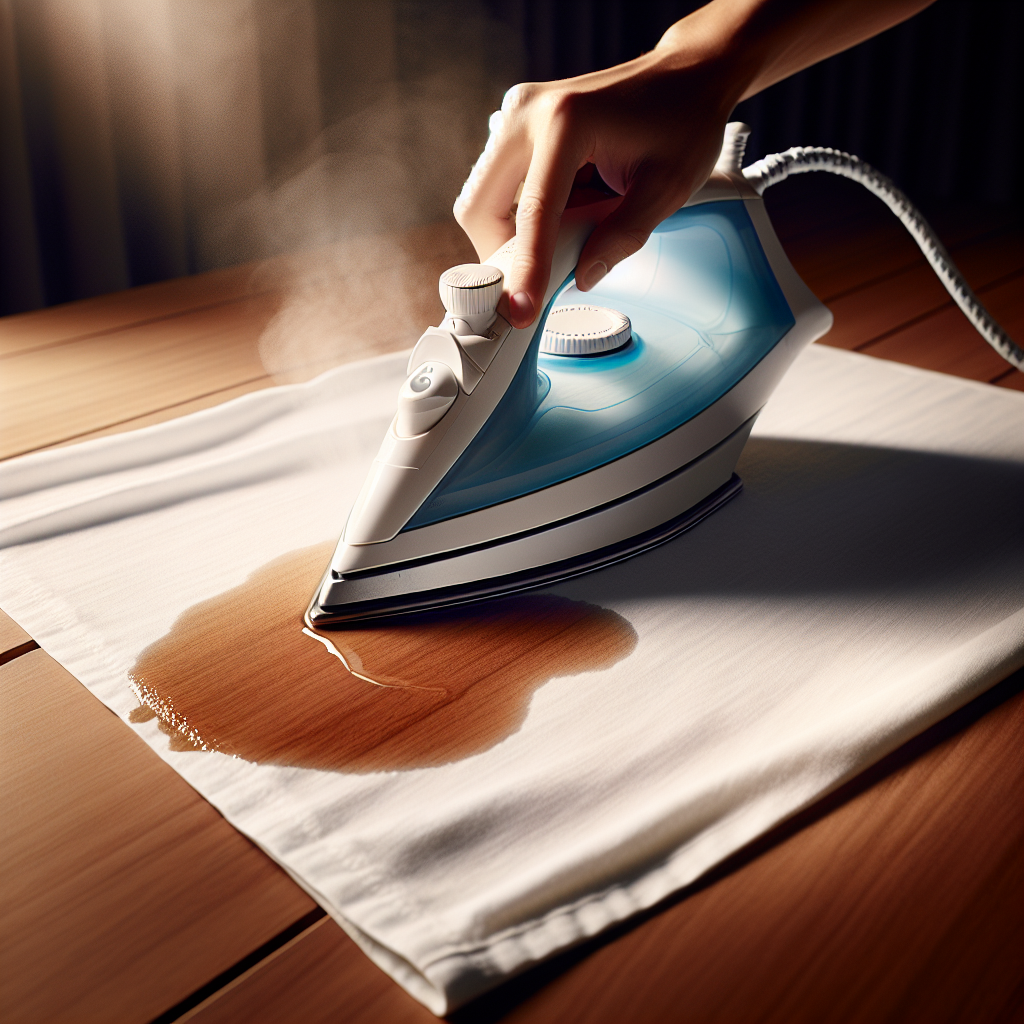 A close-up of a hand gently pressing a warm, dry iron (covered by a white cotton cloth) onto a visible white water stain on a smooth wooden table. The focus is on the action of removing the stain, with no steam visible. Soft, practical lighting, high detail.
