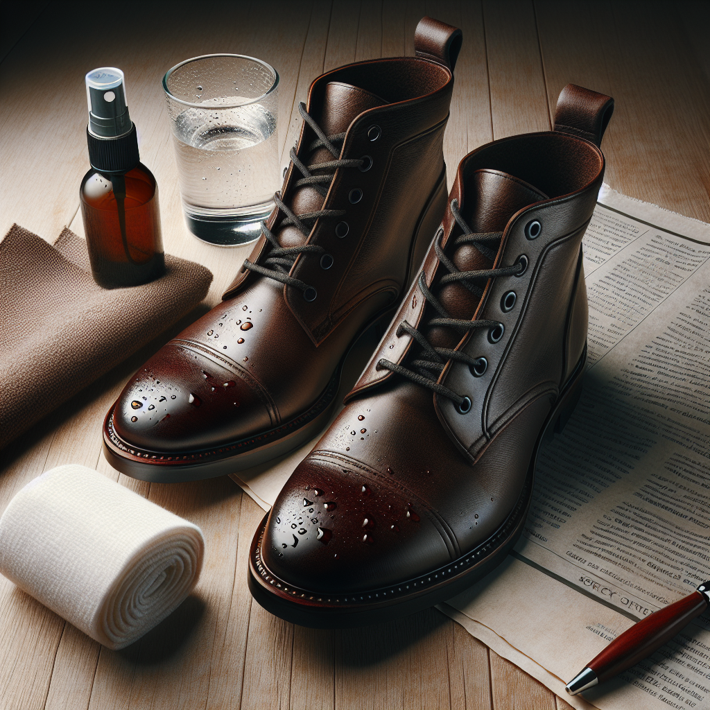 A pair of stylish, dark brown leather boots on a wooden surface. One boot has a subtle, light water stain. Nearby are a small spray bottle with water droplets, a clean white microfiber cloth, and a rolled-up newspaper. Soft, diffused lighting, slightly overhead angle, clean and organized composition, realistic style.