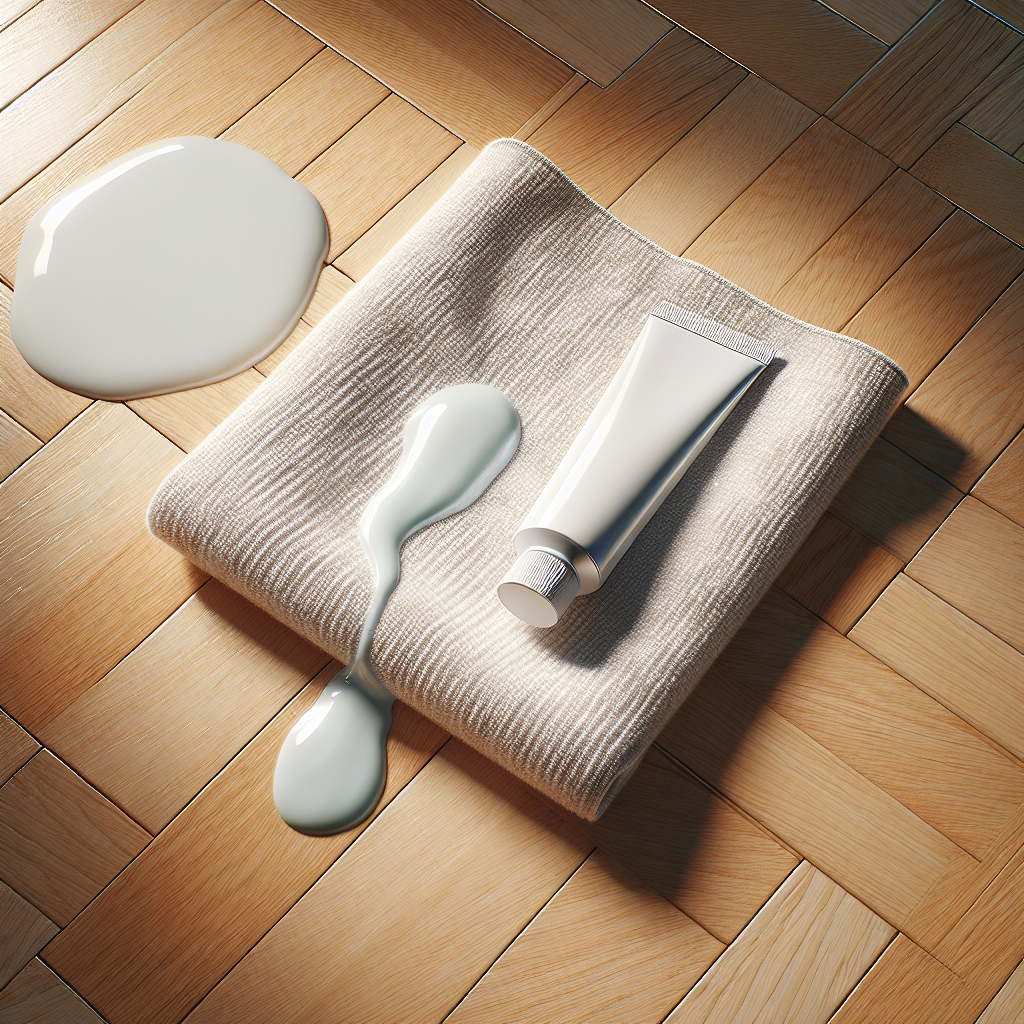 A well-lit, top-down shot showing a tube of white toothpaste, a soft microfiber cloth, and a visible, light water stain on a beautifully polished parquet floor, suggesting a practical cleaning solution.