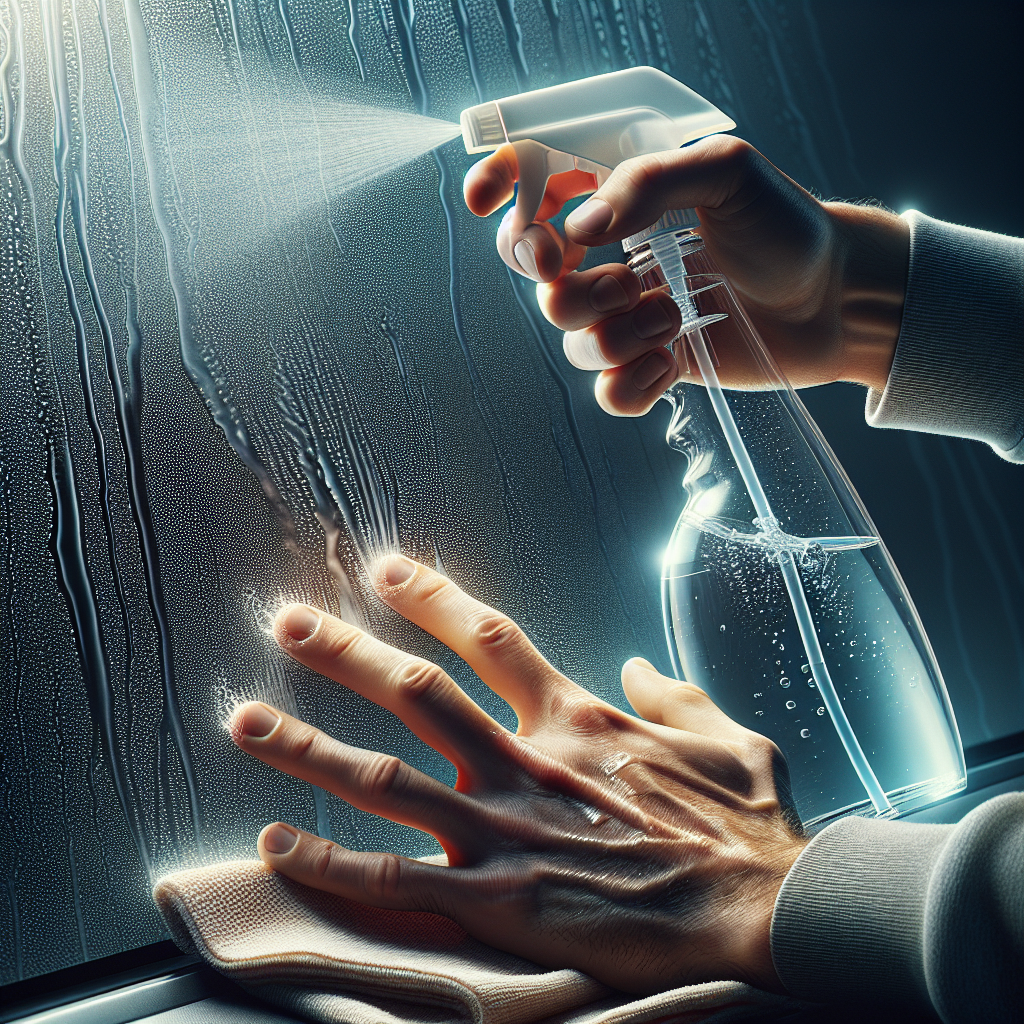 Close-up of a person's hand, holding a spray bottle containing a clear liquid (suggesting a homemade cleaning solution like vinegar or citric acid) and spraying it onto a glass surface, such as a window or car windshield, which has visible, dried water spots. A soft microfiber cloth is visible nearby, ready to wipe. The lighting is bright, highlighting the cleaning process and the potential for a sparkling result. Photorealistic, focus on hands and glass.