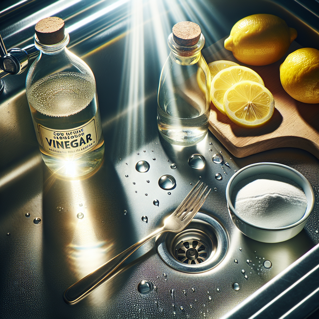 A sparkling clean and shiny stainless steel kitchen sink, reflecting light. Nearby, an open bottle of vinegar, a fresh lemon cut in half, and a small bowl of baking soda are neatly arranged on the counter, representing effective home remedies. Bright, clean aesthetic.