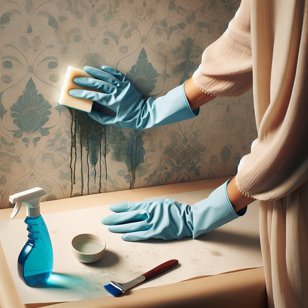 Close-up of a person's hands wearing light blue cleaning gloves, gently dabbing a water stain on a light-colored wallpaper with a white sponge. A spray bottle and a small bowl of water are visible on a protective sheet below, suggesting the cleaning process. The image focuses on the action of removing the stain. Realistic, high-resolution photograph.
