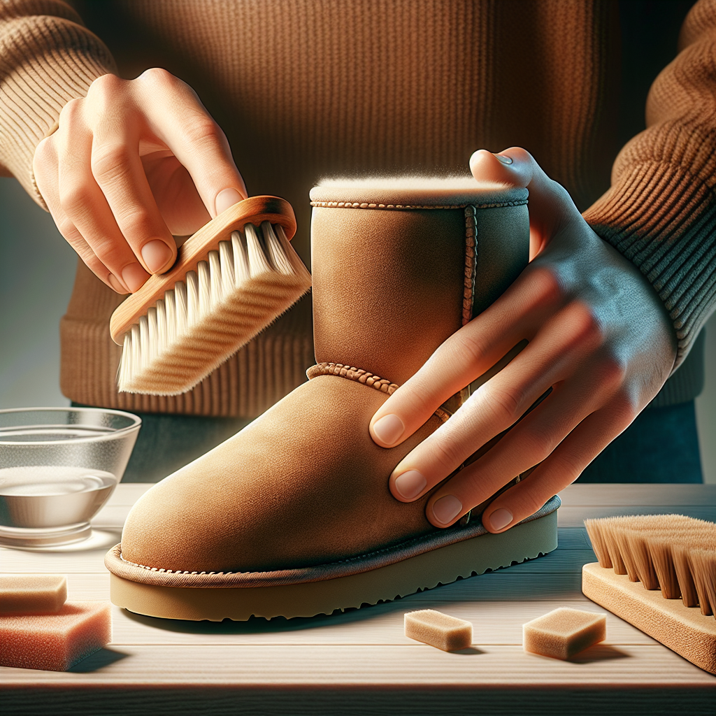 A pair of hands gently cleaning a tan Ugg boot to remove water stains. One hand uses a soft suede brush, while the other holds a slightly damp sponge, carefully wiping the boot's surface. A small bowl of water and other cleaning tools are subtly visible in the soft-focus background. Realistic, well-lit, showing a meticulous cleaning process.