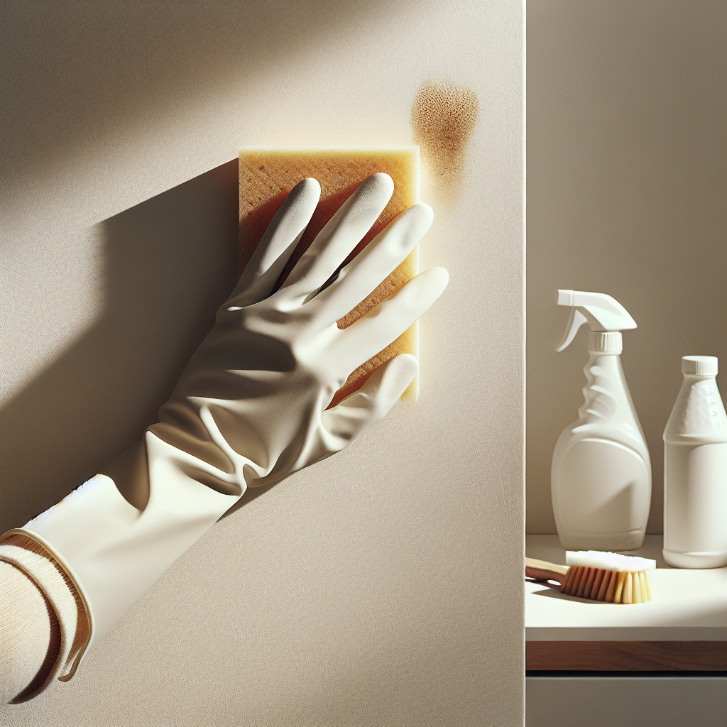 A close-up, high-angle shot of a person's hand, wearing a simple white glove, gently wiping a visible, light brown water stain on a clean, off-white interior wall with a soft, slightly damp sponge. In the background, subtly blurred, are common household items like a bottle of white vinegar or a box of baking soda. The lighting is bright and natural, highlighting a clean, domestic setting and the act of cleaning. Realistic photography style.
