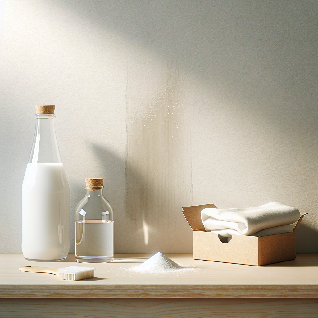 A minimalist interior scene featuring a clean, light-colored wall with a subtle, yet distinct water stain. On a nearby clean surface, such as a wooden shelf or countertop, are simple, recognizable home remedies: a transparent bottle of white vinegar, an open box of baking soda, and a clean white cloth. The overall image conveys an atmosphere of common household problems being addressed with easy, natural solutions. Bright, clear, inviting domestic photography.