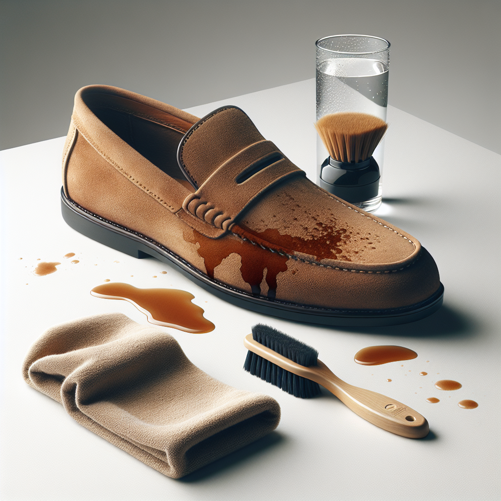 A stylish suede shoe (e.g., a loafer or boot) displayed on a clean surface, clearly showing a distinct water stain on its side. Beside the shoe, there is a specialized suede brush and a soft, lint-free cloth. The image should have good lighting, highlighting the texture of the suede and the contrast of the stain. Realistic, clean product photography.