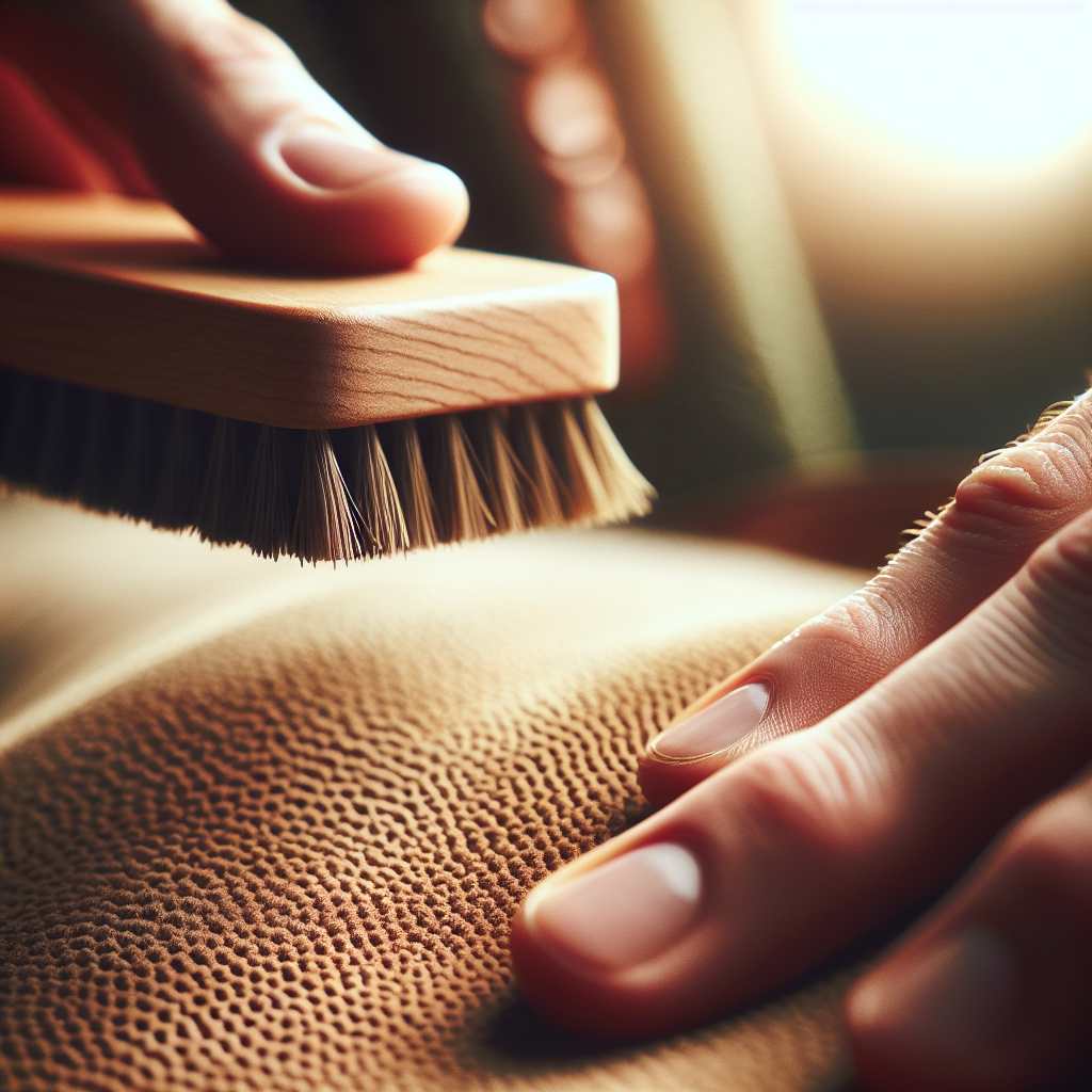 Close-up, macro shot of a hand gently brushing the surface of suede material with a special suede brush. The fine, napped texture of the suede is in sharp focus, showing the fibers being lifted and restored. The background is softly blurred. Natural, soft lighting. Product photography style, emphasizing gentle care.
