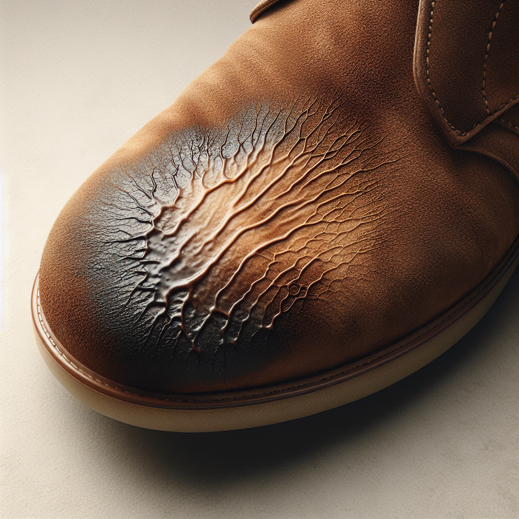 A close-up of a brown suede shoe with a prominent, dried water stain. The delicate, uneven texture of the suede is visible, emphasizing the damage. Natural light, realistic, high detail.
